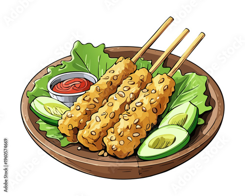Savory chicken skewers coated in peanut sauce served with fresh lime and chili garnish - Vector Illustration