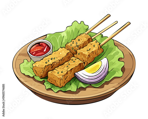 Traditional skewers served with fresh vegetables and peanut sauce dipping on a green leaf plate - Vector Illustration