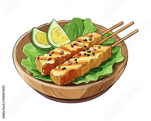 Grilled skewers served with fresh cucumber and chili on a traditional wooden plate dish - Vector Illustration