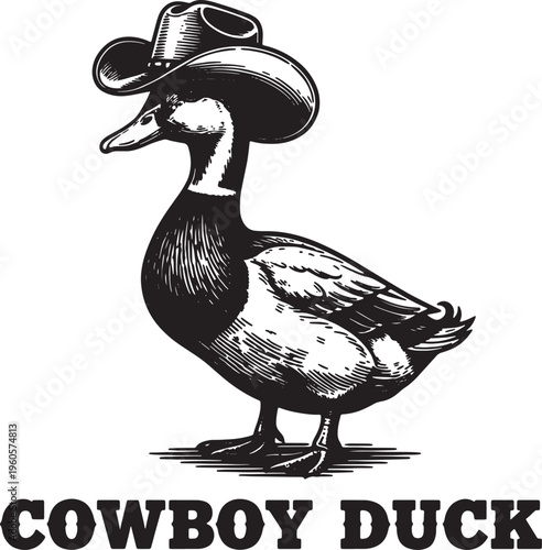 Duck wearing cowboy hat standing alone
