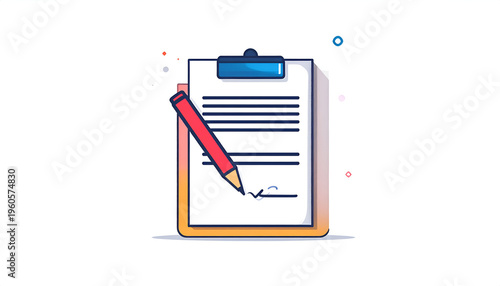 Signing document on clipboard with red pencil in cartoon style isolated on white