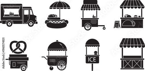 Food Truck and Street Vendor Icon Set: Mobile Carts and Stall Silhouettes