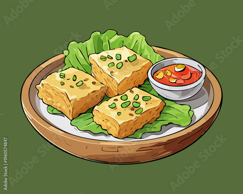 Fried tofu cubes served with chili sauce and fresh lettuce on a dark ceramic plate - Vector Illustration