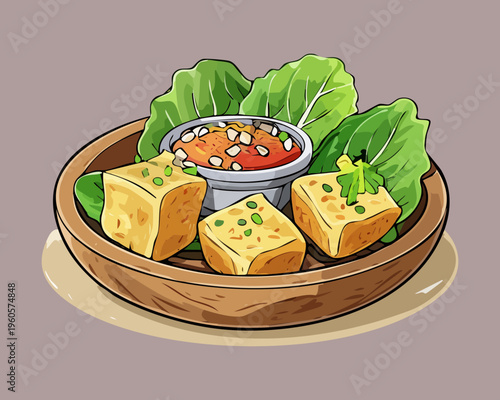Golden fried tofu with spicy dipping sauce and fresh herbs in a green ceramic bowl - Vector Illustration