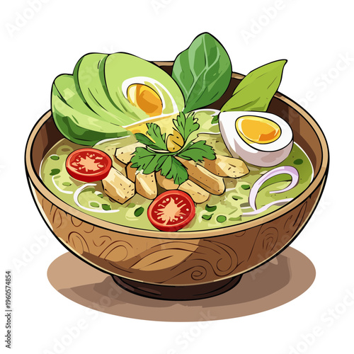Warm noodle soup with boiled egg and fresh green vegetables in a rustic bowl - Vector Illustration