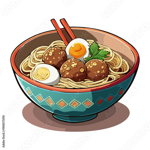 Spicy meatball soup with noodles and boiled egg served in a colorful ceramic bowl - Vector Illustration