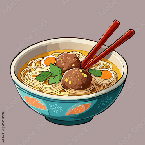 Traditional meatball noodle soup with egg and chopsticks served in a decorative bowl - Vector Illustration