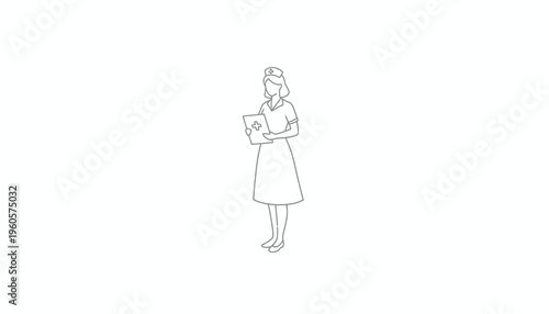 Minimalist outline drawing of a dedicated female nurse holding a patient chart for medical care