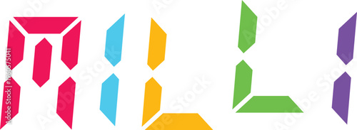 Digital segmented numbers with bright colors on transparent background illustrating time.