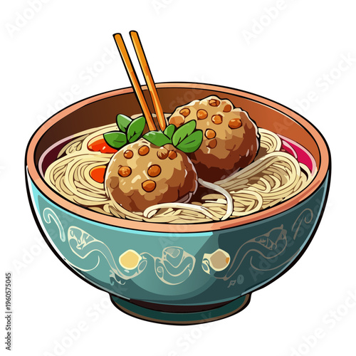 Delicious meatball soup with noodles and boiled egg served in a classic blue bowl - Vector Illustration