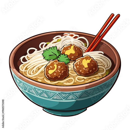 Hot meatball soup with vermicelli noodles and boiled egg in a traditional ceramic bowl - Vector Illustration