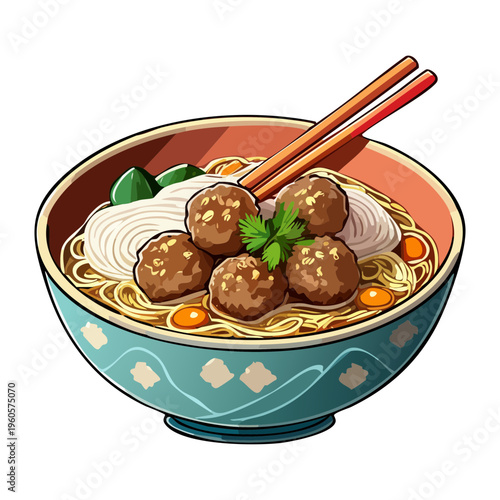 Authentic bakso meatball soup with noodles and egg served in a decorative blue bowl - Vector Illustration