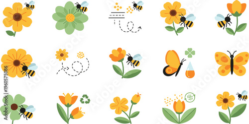Bee and Flower Icon Set Featuring Dandelions, Butterflies, Green Clover, and Pollination Designs for Nature and Spring Graphics