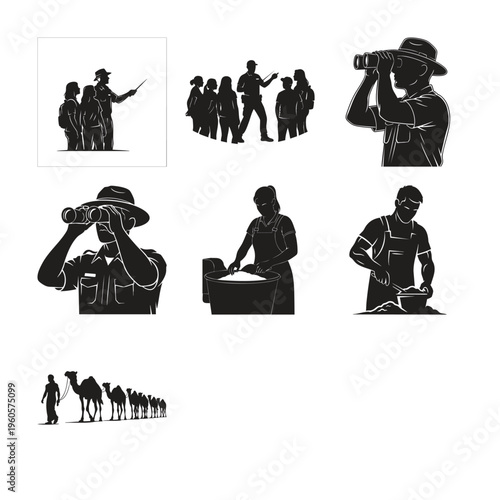Silhouette people set bundle safari guide bundle desert trek vector