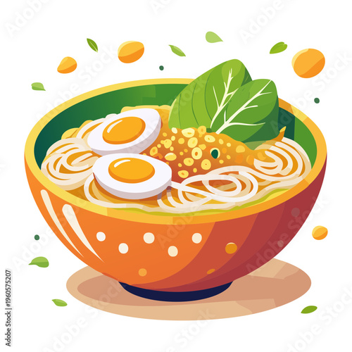Healthy vegetable noodle soup with boiled egg and herbs served in an orange bowl - Vector Illustration