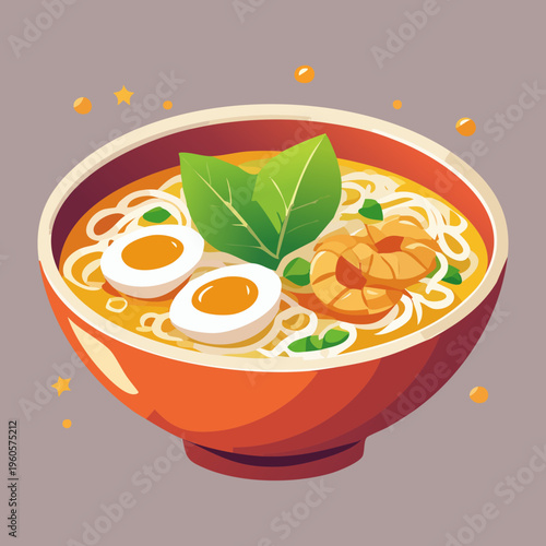 Hot spicy noodle soup with boiled egg and fresh vegetables in a red bowl - Vector Illustration