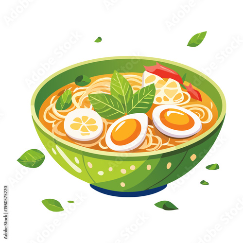 Tasty noodle soup with boiled egg and fresh herbs served in a green bowl - Vector Illustration