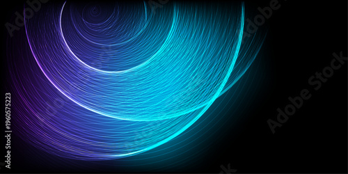 Abstract vector spiral energy wave with glowing lines blue green in concept quantum, science, technology, space on black background	