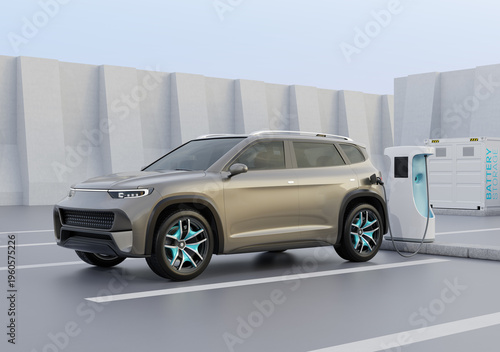 Electric SUV charging at charging station. Cargo container with Energy storage system at background. 3D illustration.