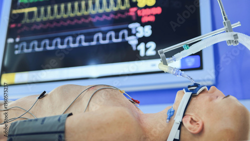 Obraz na plátně Medical simulation training with intubated mannequin and vital signs monitor