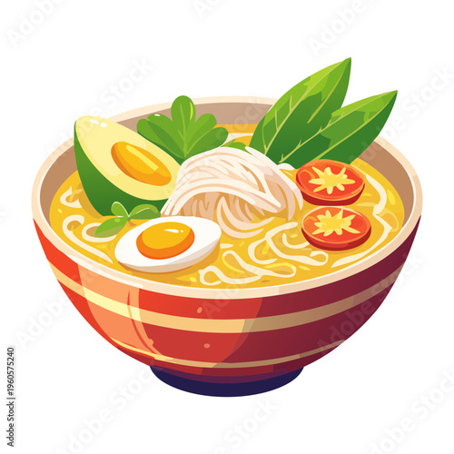 Savory noodle soup with boiled egg and fresh vegetables served in an orange bowl - Vector Illustration