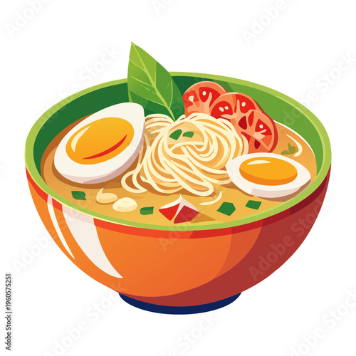 Warm bowl of noodle soup with boiled egg and herbs for a healthy dinner - Vector Illustration