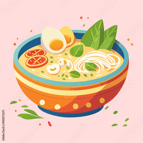 Delicious noodle soup with boiled egg and fresh green vegetables in a blue bowl - Vector Illustration