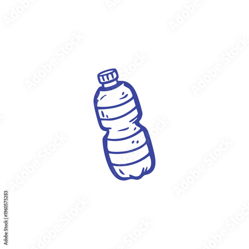Blue outline of a crumpled plastic water bottle with a ribbed cap