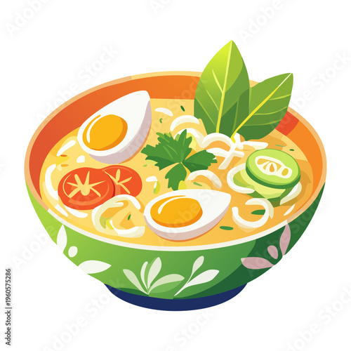 Spicy ramen noodle soup with boiled egg and fresh herbs in a light green bowl - Vector Illustration