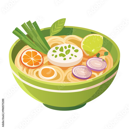 Authentic asian noodle soup with boiled egg and fresh vegetables in a green bowl - Vector Illustration