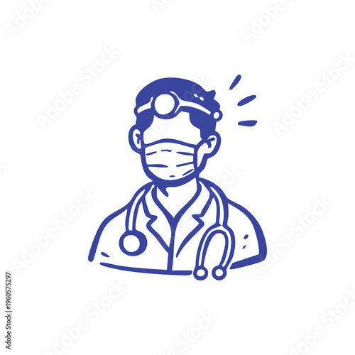 Stylized line drawing of a doctor wearing a mask and head mirror, stethoscope around neck