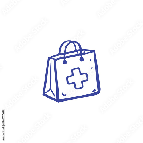 Blue outline of a shopping bag with a medical cross symbol