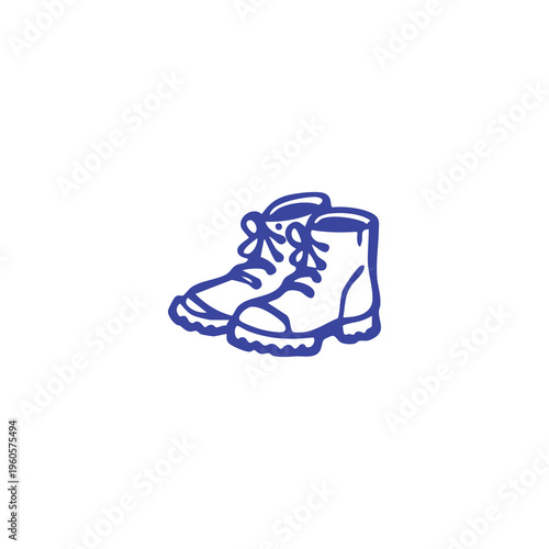 A hand-drawn pair of blue hiking boots with tied laces and rugged soles