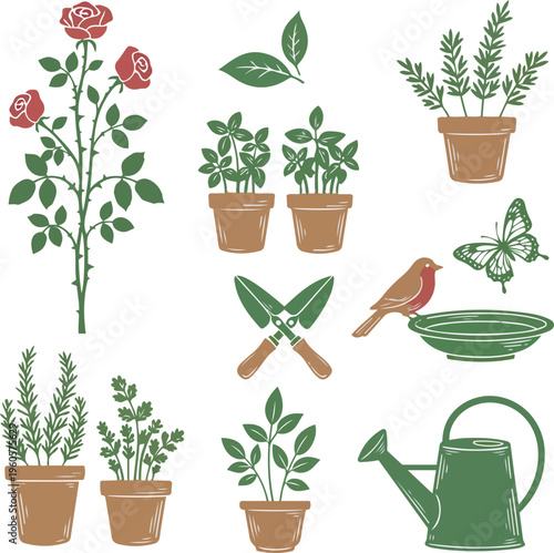 Gardening tools and plants illustrations