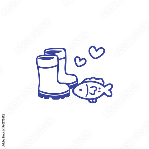 Blue outlined boots, hearts, and a playful fish character