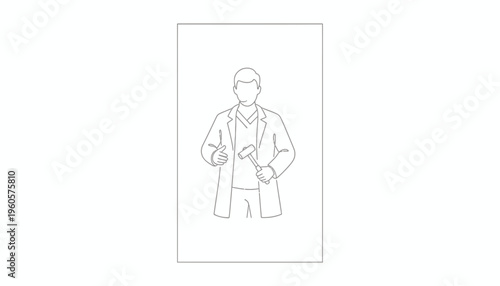 Medical expert line drawing with reflex hammer and positive thumbs up gesture for patient confidence