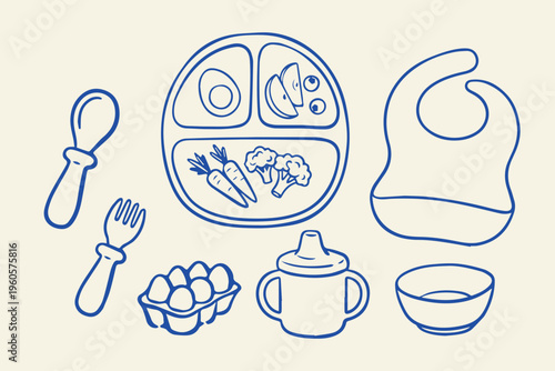 Baby food and utensils for healthy eating brush sketch vector illustration