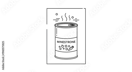 Minimalist vector outline depicting a delicious can of warm minestrone soup with fresh ingredients
