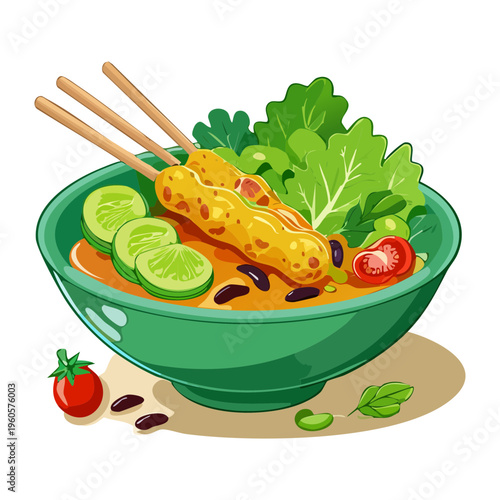Traditional skewers with fresh vegetables and dipping sauce served on a blue plate - Vector Illustration