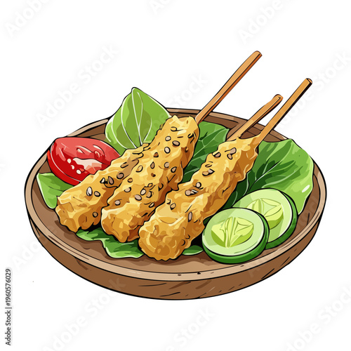 Savory meat skewers with fresh vegetables and dipping sauce on a green plate - Vector Illustration