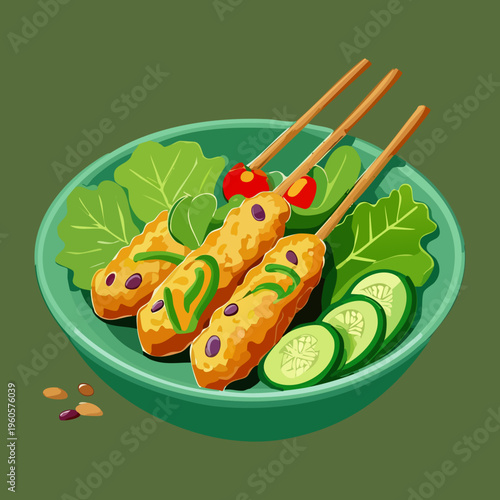 Traditional grilled skewers with lime and dipping sauce served on a wooden plate - Vector Illustration