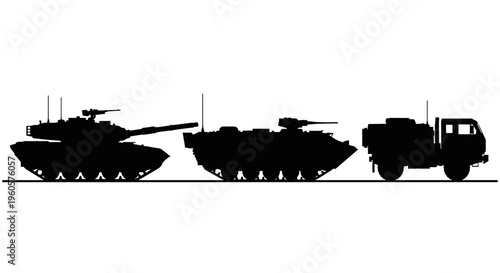 Military Vehicles Silhouetted Against White.