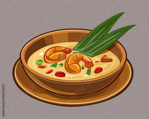 Oriental Seafood Soup with Shrimps and Spicy Herbs in Brown Ceramic Bowl for Gourmet Dining - Vector Illustration