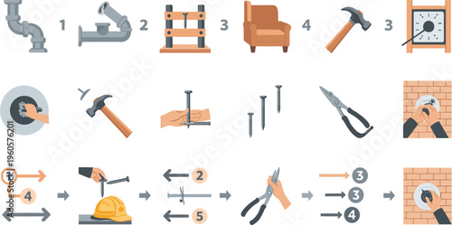 Hand Tools and DIY Process Vector Set Featuring Plumbing, Hammering, Screwing, and Home Repair Tasks