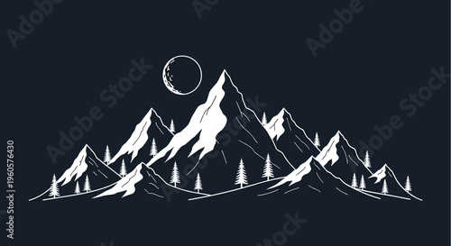 Mountain Range with Moon Illustration.