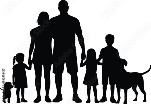 WebBlack silhouettes of a large family with four children and two pet dogs standing together on a white background vector.