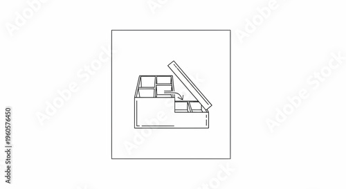 Streamlined vector graphic showcasing a multi-compartment storage box with its lid partially open