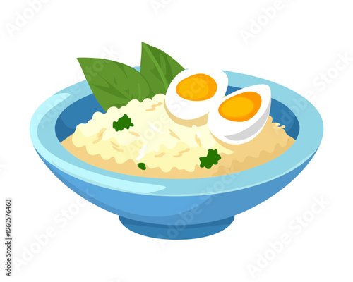 Nutritious Rice Porridge with Boiled Egg and Fresh Green Garnish in Blue Bowl for Breakfast - Vector Illustration
