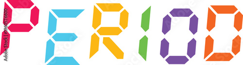 Period word using multicolored electronic display segments on transparent background for timing and data graphics.