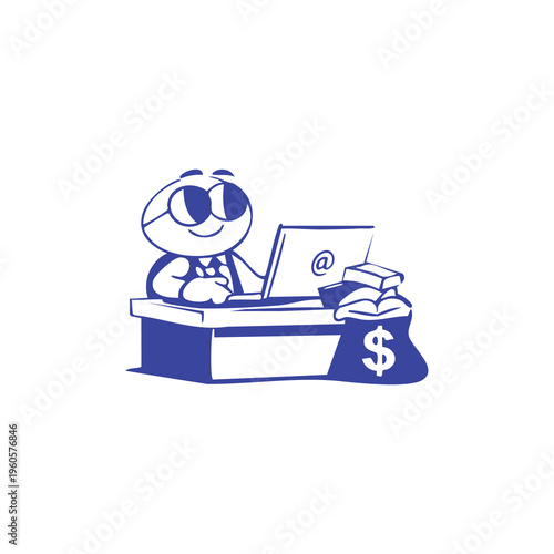 Cartoon character at desk with laptop, books, and money bag